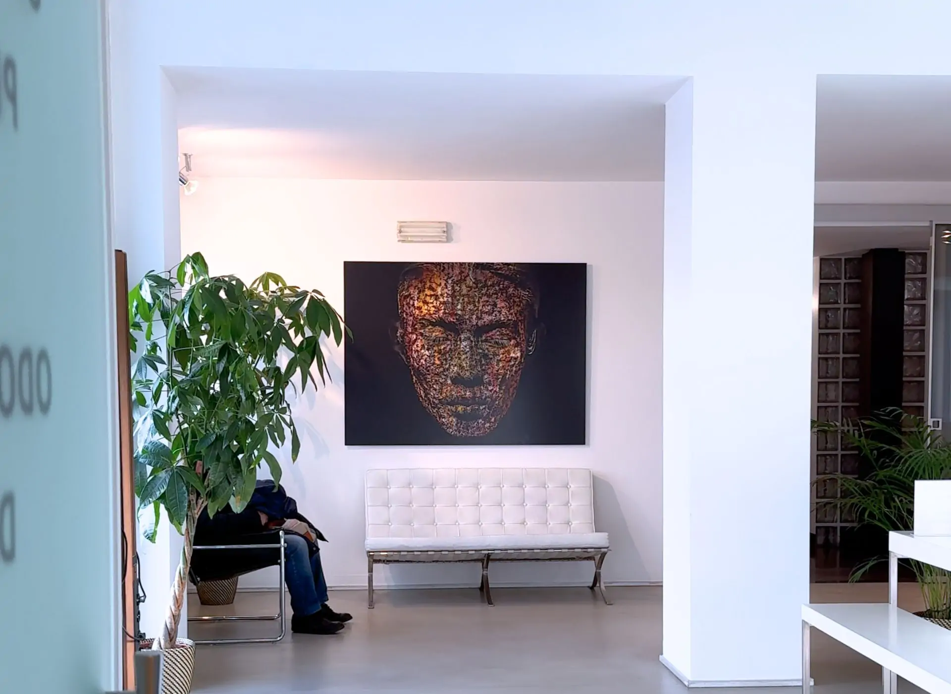 Sala d’attesa di Facchinetti Dental a Manerbio, con divanetto bianco, piante e un grande quadro alla parete
