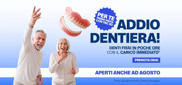 Addio dentiera: denti fissi in poche ore con il carico immediato. Prima visita con TAC 3D. Facchinetti Dental, Manerbio (BS). Previa valutazione medica, clinica e radiologica.